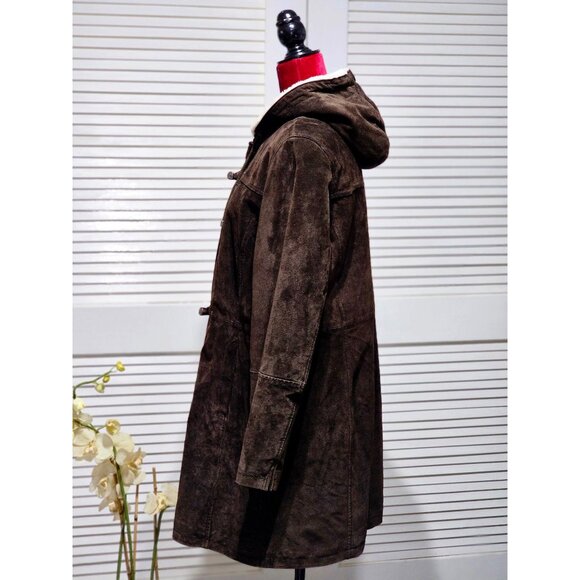 Covington Women's Brown Suede Leather Coat Faux Shearling Hood Size L 2203 - Picture 4 of 13
